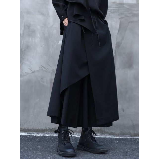 mivistyle-Mock Two-Piece High Waist Layered Wide Leg Pants