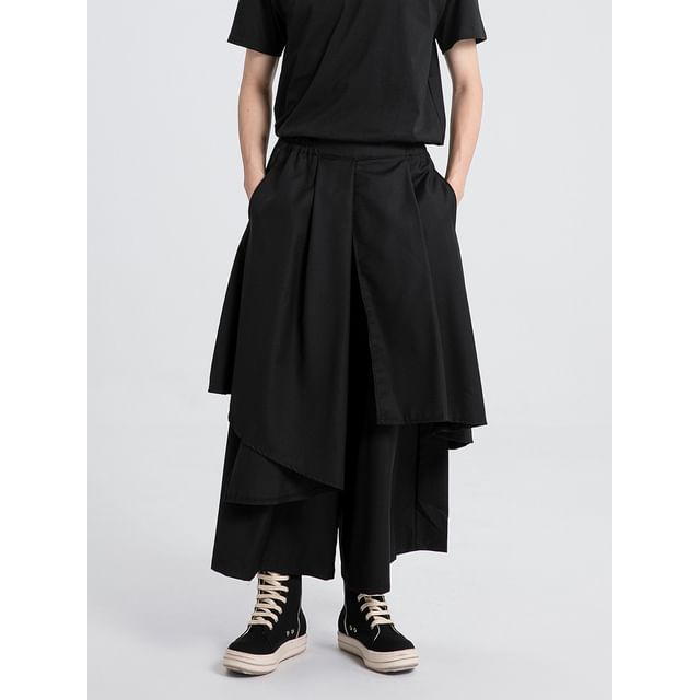 mivistyle-Mock Two-Piece High Waist Plain Wide Leg Pants