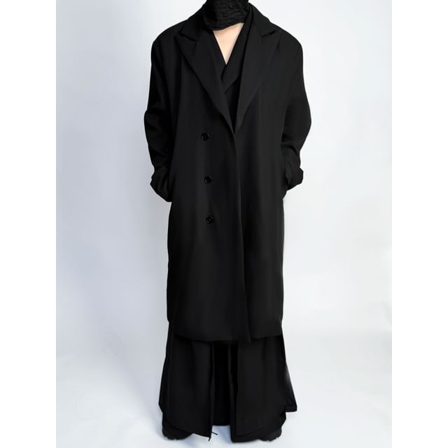 mivistyle-Peak Lapel Plain Midi Single-Breasted Coat
