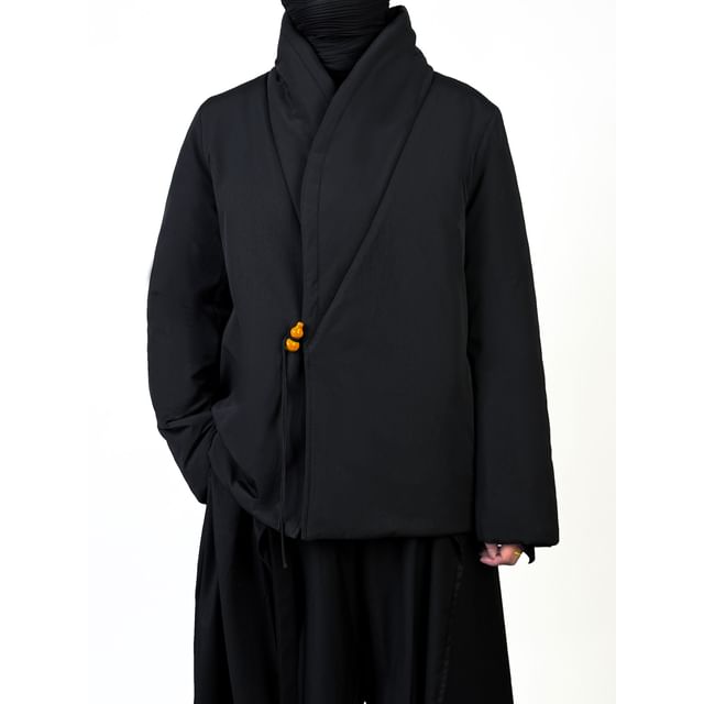 mivistyle-Plain Bead Buttoned Wrap Jacket