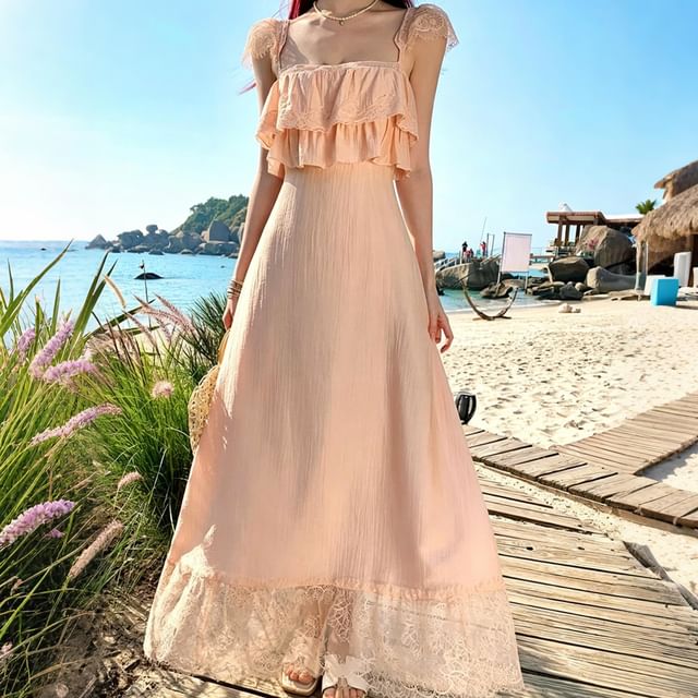 Moanum-Cap Sleeve Square Neck Plain Ruffle Panel Lace Maxi A-Line Dress