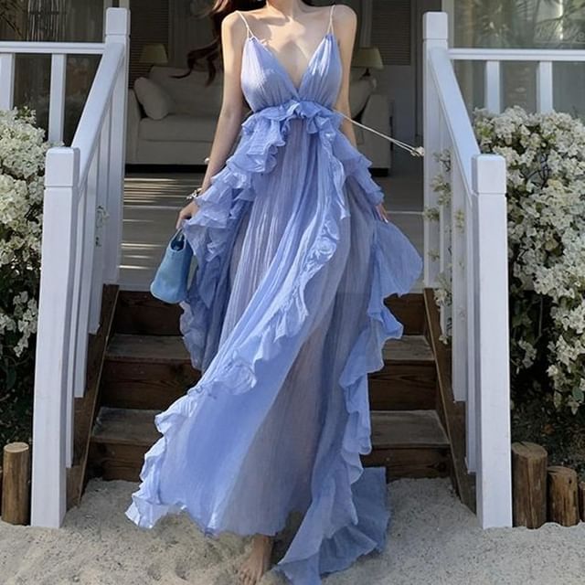 Moanum-Contrast Spaghetti Strap V-Neck Ruffle Backless Maxi A-Line Dress