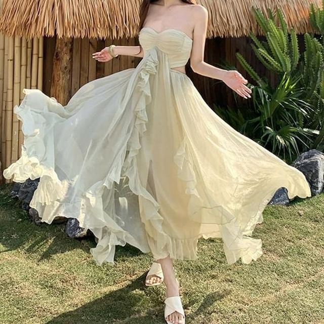 Moanum-Detachable Spaghetti Strap Plain Ruffle Cutout Maxi A-Line Dress