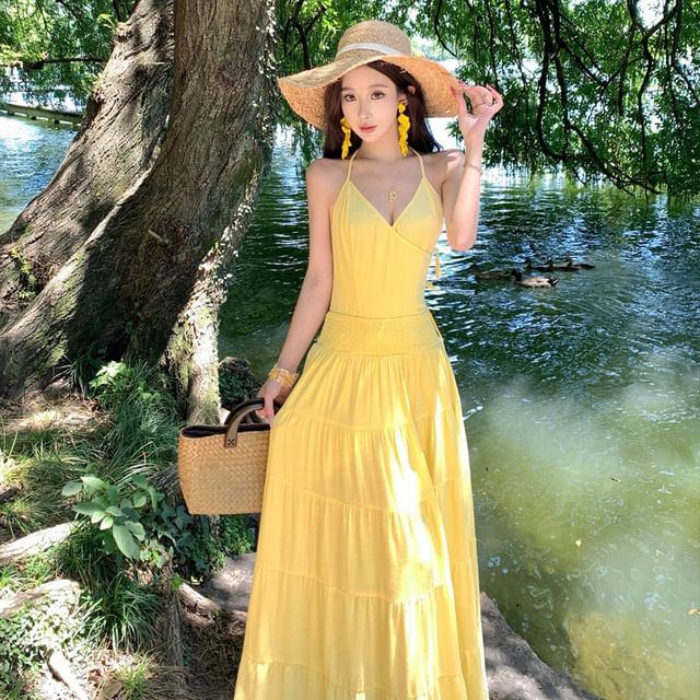 Moanum-Halter Neck Open Back Plain Maxi A-Line Dress