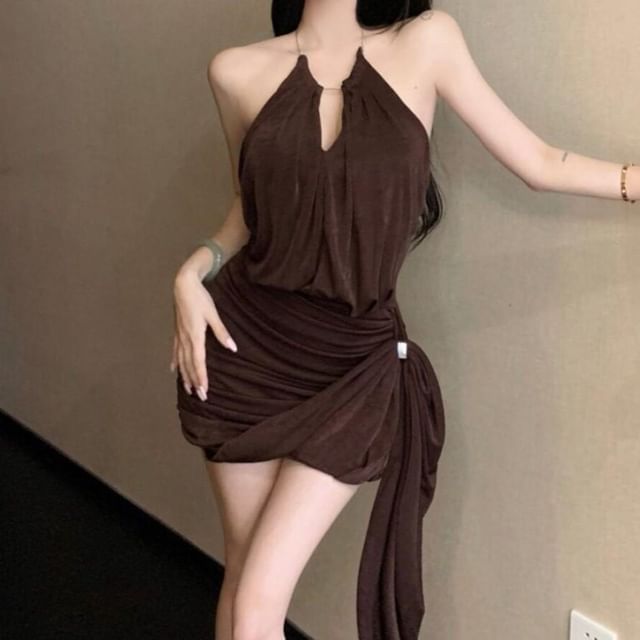 Moanum-Halter Neck Plain Cutout Mini Bodycon Dress