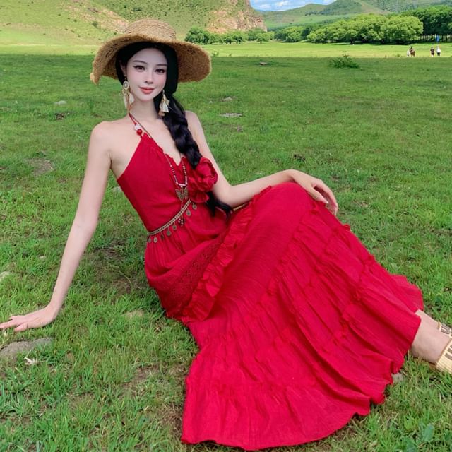 Moanum-Halter Neck Plain Maxi A-Line Dress