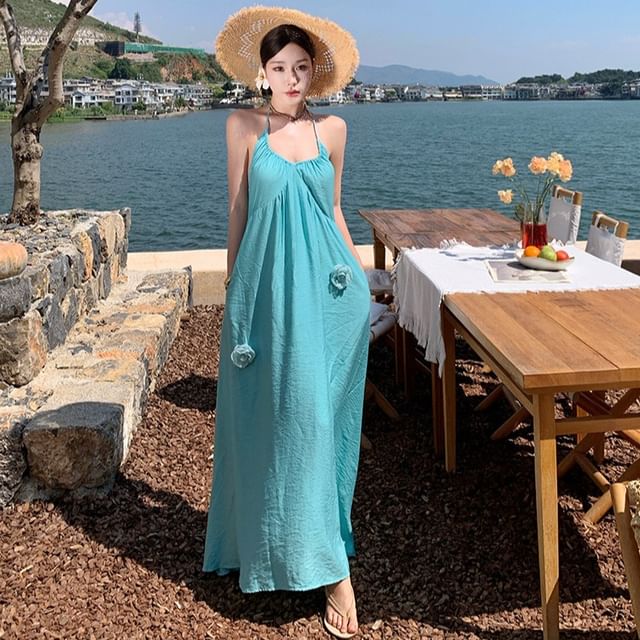 Moanum-Halter Plain Maxi Sundress