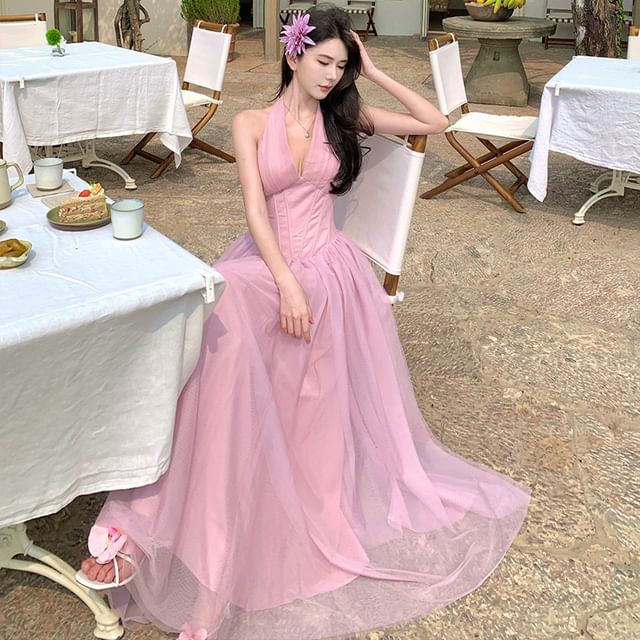 Moanum-Halter Plain Panel Mesh Maxi A-Line Dress