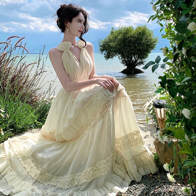 Moanum-Halter Plain Ruffle Lace Trim Maxi Sundress