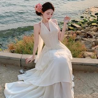 Moanum-Halter Plain Tiered Maxi A-Line Dress