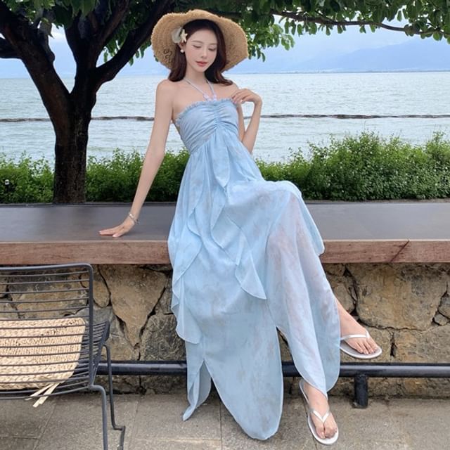 Moanum-Halter Tie Dye Ruffle Side-Slit Maxi Sundress