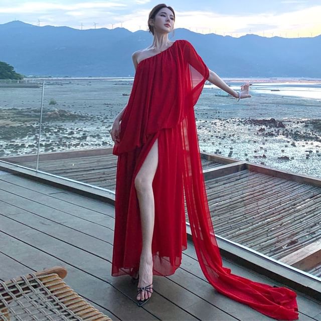 Moanum-Off Shoulder Asymmetrical Plain A-Line Dress