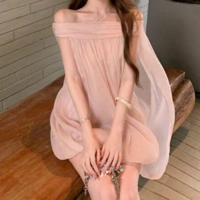 Moanum-Off Shoulder Sheer Mini A-Line Dress