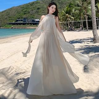 Moanum-Open Back Plain Maxi A-Line Dress