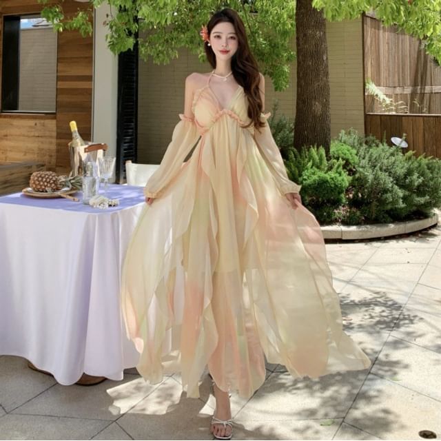 Moanum-Puff-Sleeve Cold-Shoulder Tie Dye Open Back Ruffle Side-Slit Maxi Sundress