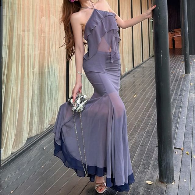 Moanum-Set Halter Neck Plain Ruffle Open Back Slit Top High Waist Two Tone Maxi Mermaid Skirt