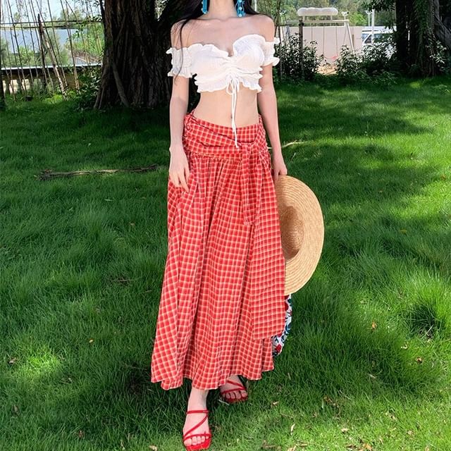 Moanum-Short Sleeve Off Shoulder Plain Ruffle Drawstring Crop Top Mid Rise Plaid Maxi A-Line Skirt