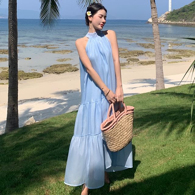 Moanum-Sleeveless Plain Maxi A-Line Dress