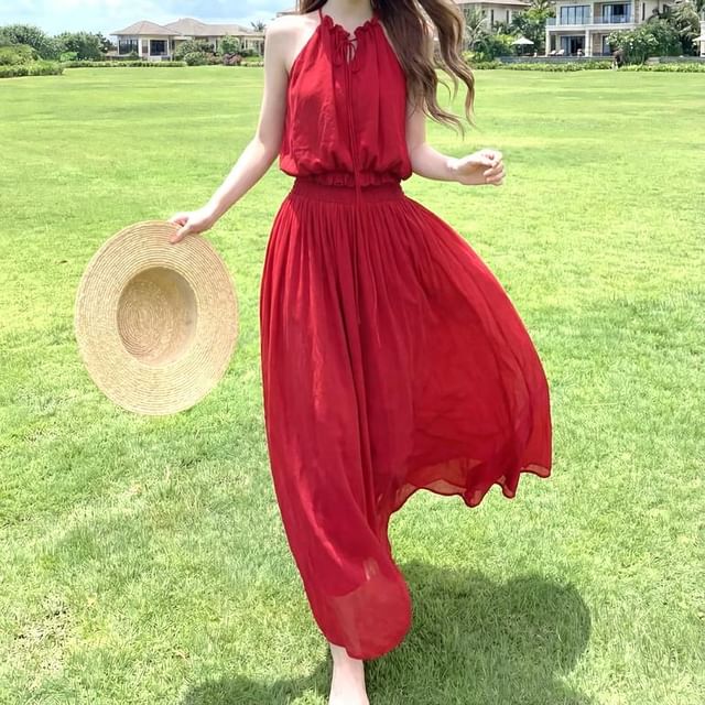 Moanum-Sleeveless Plain Maxi A-Line Dress