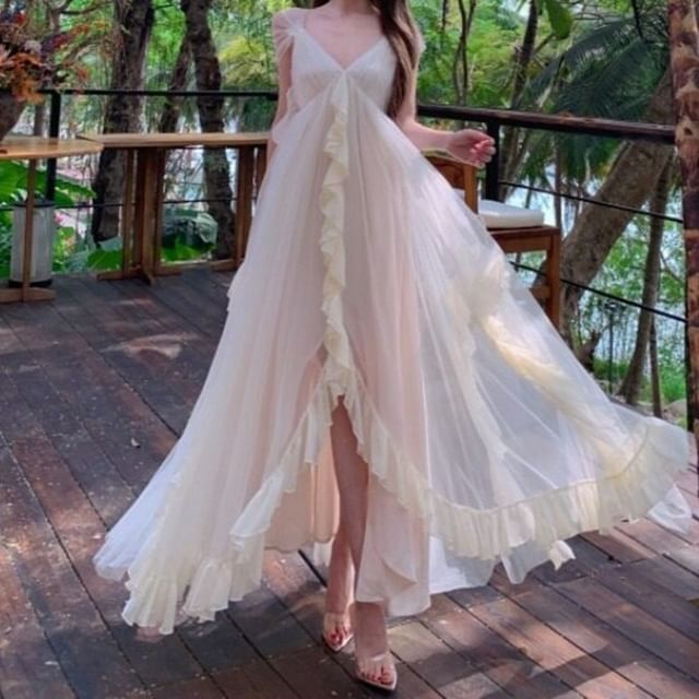 Moanum-Sleeveless Plain Open Back Ruffle Midi Sundress