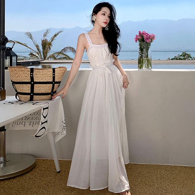Moanum-Sleeveless Square Neck Plain Eyelet Ruffle Trim Maxi A-Line Dress