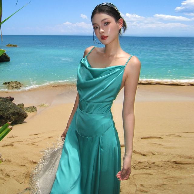 Moanum-Spaghetti Strap Cowl Neck Plain Open Back Slit Maxi A-Line Dress
