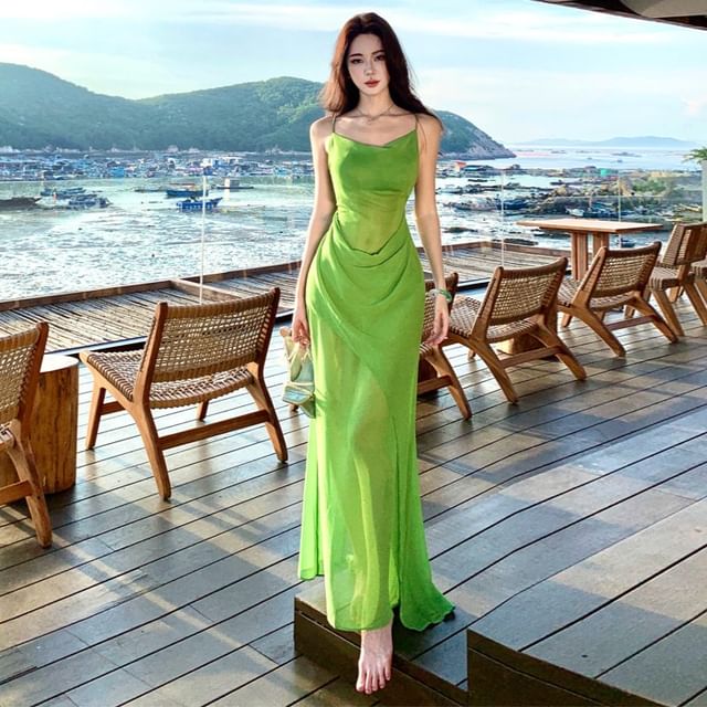 Moanum-Spaghetti Strap Cowl Neck Plain Ruched Sheer Open Back Maxi Mermaid Dress