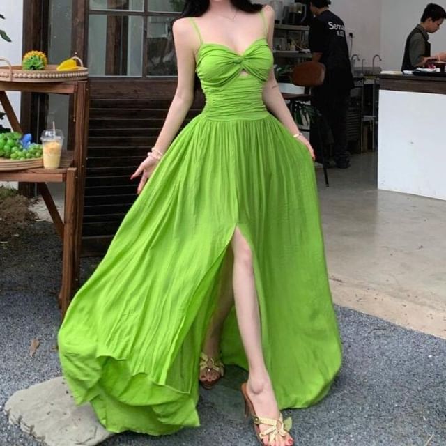 Moanum-Spaghetti Strap Cutout Plain Maxi A-Line Dress