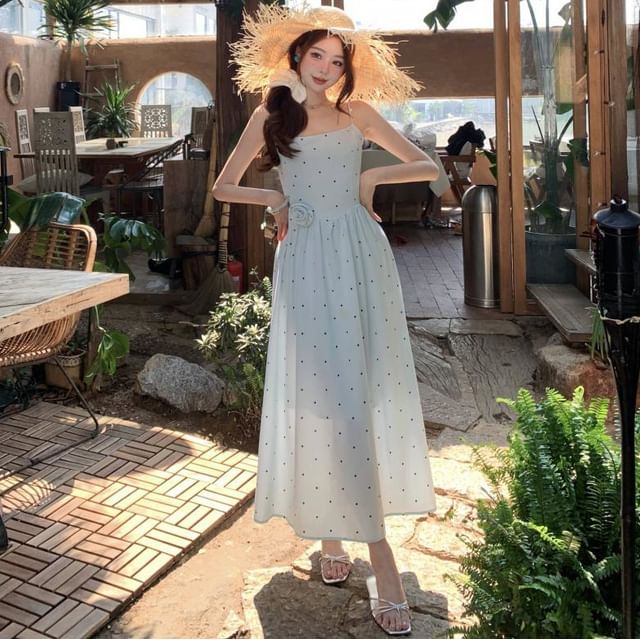 Moanum-Spaghetti Strap Dotted Maxi A-Line Dress