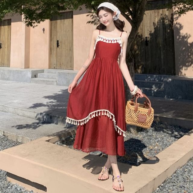 Moanum-Spaghetti Strap Fringed Maxi A-Line Dress