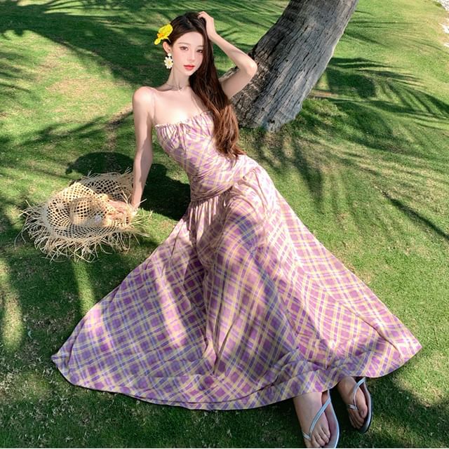 Moanum-Spaghetti Strap Plaid Maxi A-Line Dress