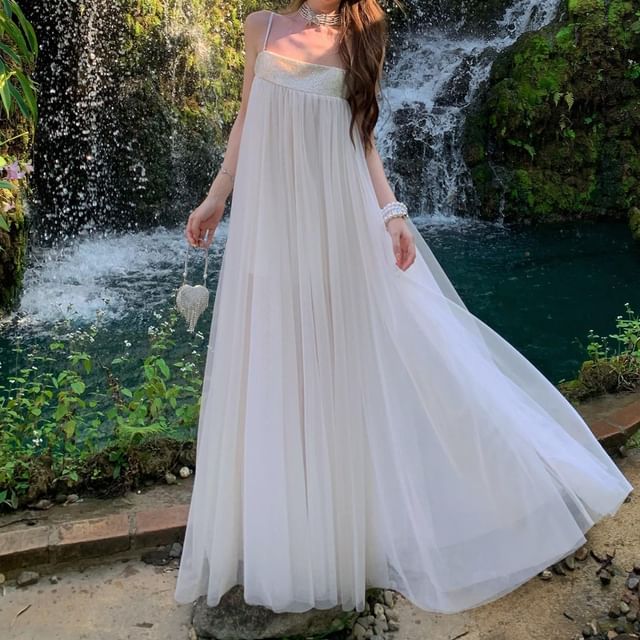 Moanum-Spaghetti Strap Plain Beaded Mesh Maxi A-Line Dress