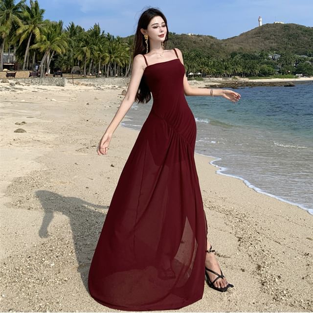 Moanum-Spaghetti Strap Plain Maxi A-Line Dress
