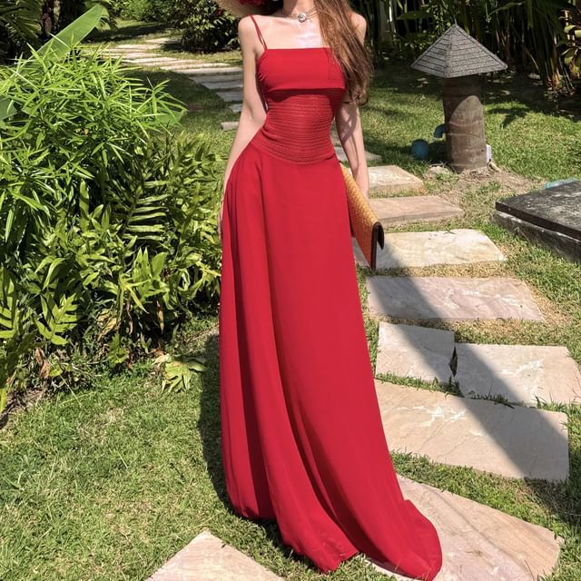 Moanum-Spaghetti Strap Plain Maxi A-Line Dress