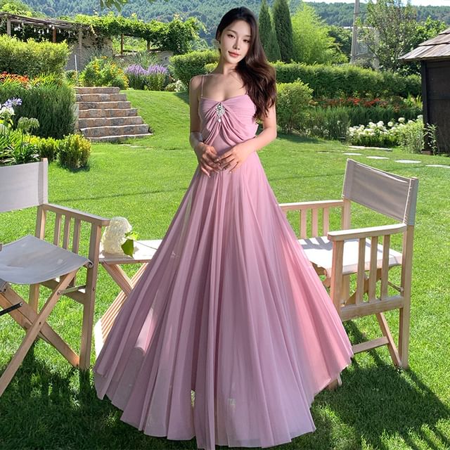 Moanum-Spaghetti Strap Plain Rhinestone Accent Ruched Mesh Maxi A-Line Dress
