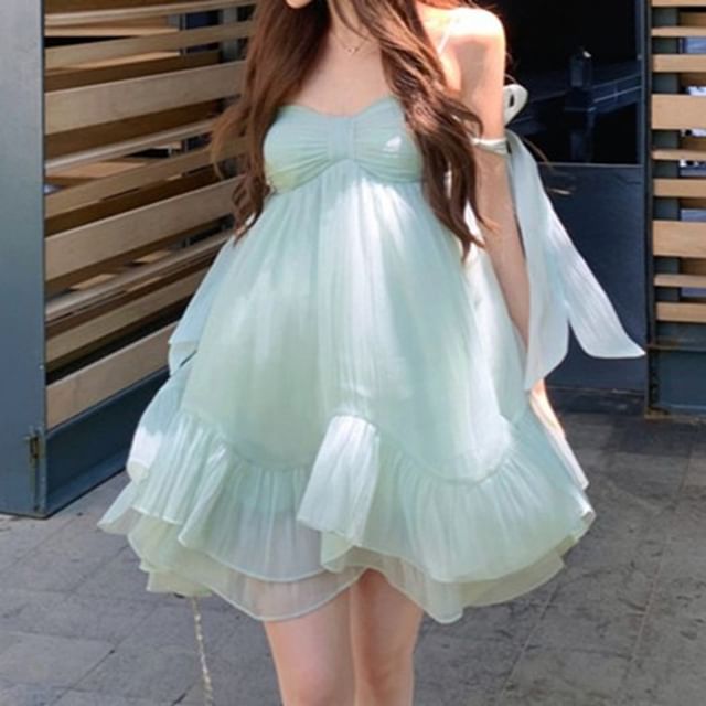 Moanum-Spaghetti Strap Plain Ruched Ruffle Hem Open Back Mini A-Line Dress