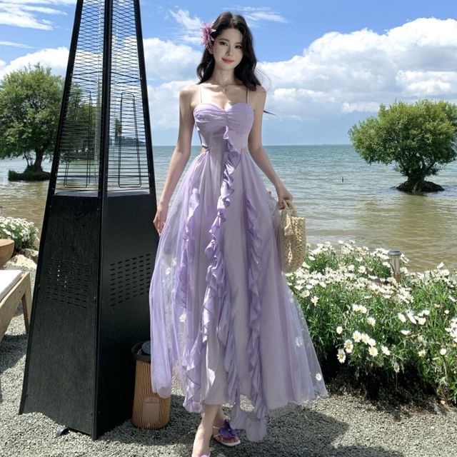 Moanum-Spaghetti Strap Plain Ruffle Trim Cutout Slit Mesh Maxi A-Line Dress
