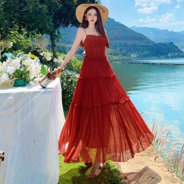 Moanum-Spaghetti Strap Plain Ruffle Trim Maxi A-Line Dress