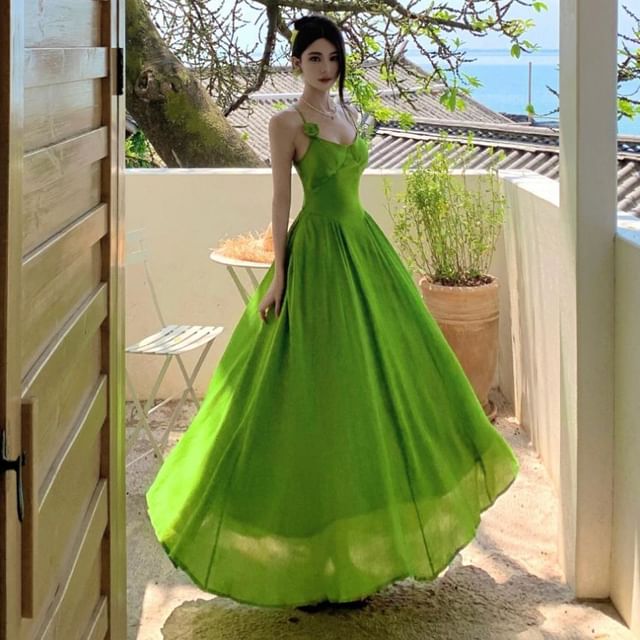 Moanum-Spaghetti Strap Plain Tie Back Maxi A-Line Dress