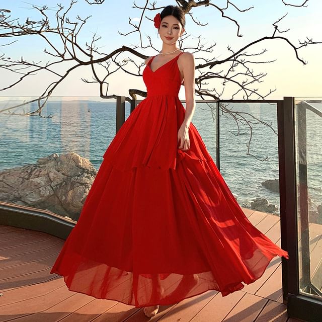 Moanum-Spaghetti Strap Plain Tiered Maxi A-Line Dress
