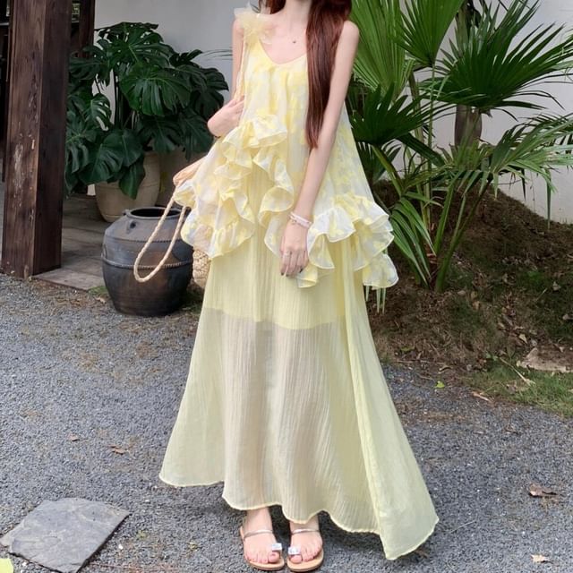 Moanum-Spaghetti Strap Ruffle Plain Maxi A-Line Dress