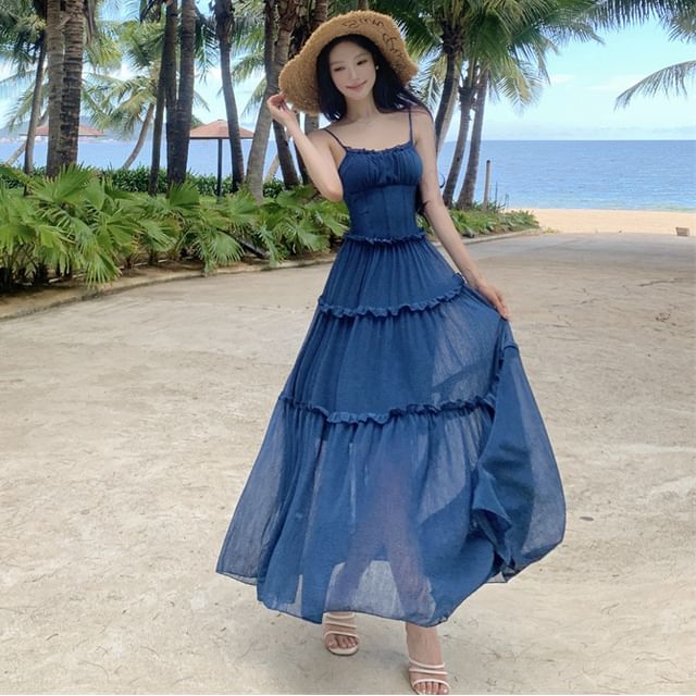 Moanum-Spaghetti Strap Sheer Maxi A-Line Dress