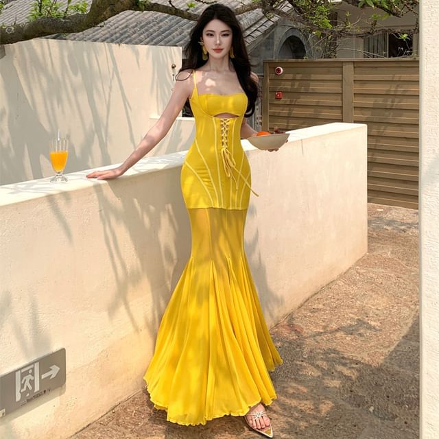 Moanum-Spaghetti Strap Square Neck Plain Maxi A-Line Dress