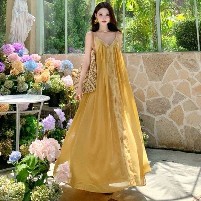 Moanum-Spaghetti Strap V-Neck Plain Maxi A-Line Dress
