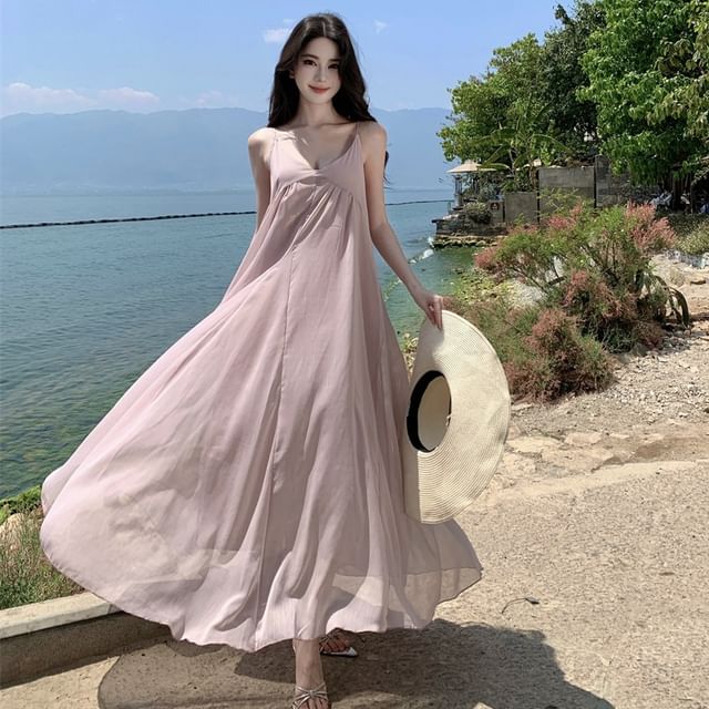 Moanum-Spaghetti Strap V-Neck Plain Open Back Maxi Sundress