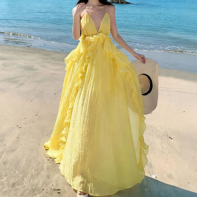 Moanum-Spaghetti Strap V-Neck Plain Ruffle Backless Maxi A-Line Dress