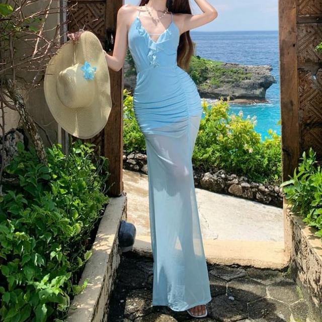 Moanum-Spaghetti Strap V-Neck Plain Ruffle Ruched Slit Mesh Maxi Sheath Dress