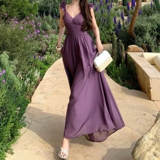 Moanum-Spaghetti Strap V-Neck Ruffle Plain Maxi A-Line Dress