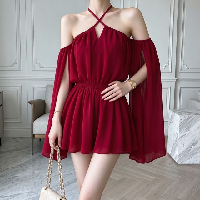 Moanum-Split Long-Sleeve Halter Neck Cold Shoulder Chiffon Plain Mini Dress