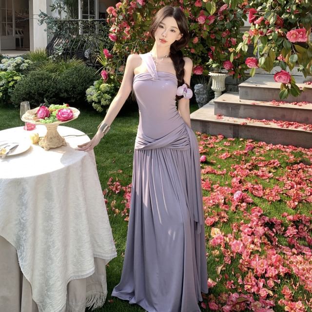 Moanum-Strapless Asymmetrical Plain Maxi A-Line Dress